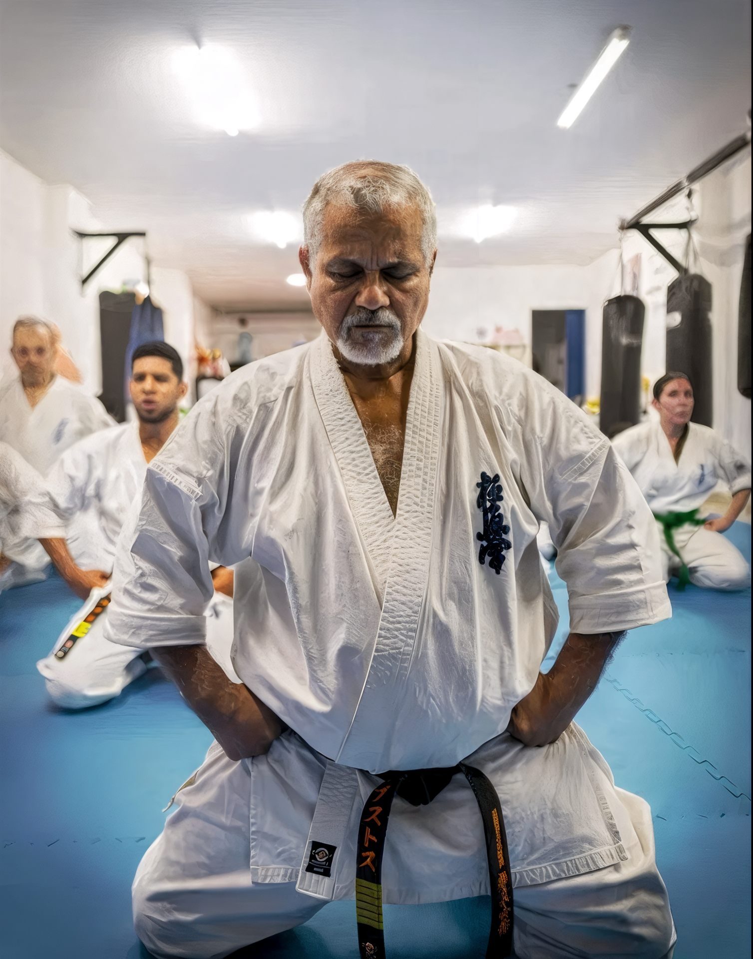 El Shihan Jorge Bustos en mokuso, arrodillado frente a sus alumnos
